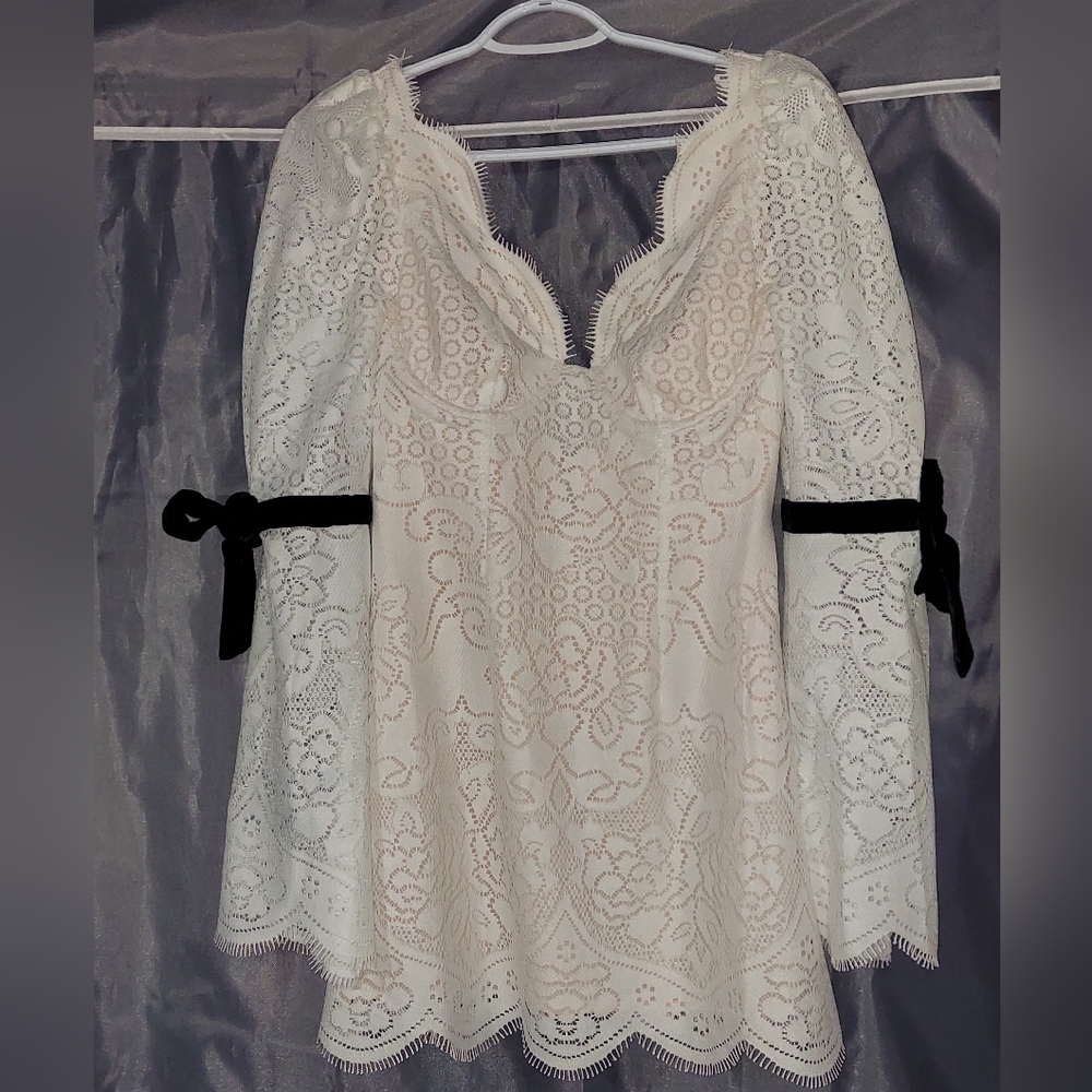 For Love And Lemons White Lace Dress with Black Velvet Bows - Picture 5 of 8